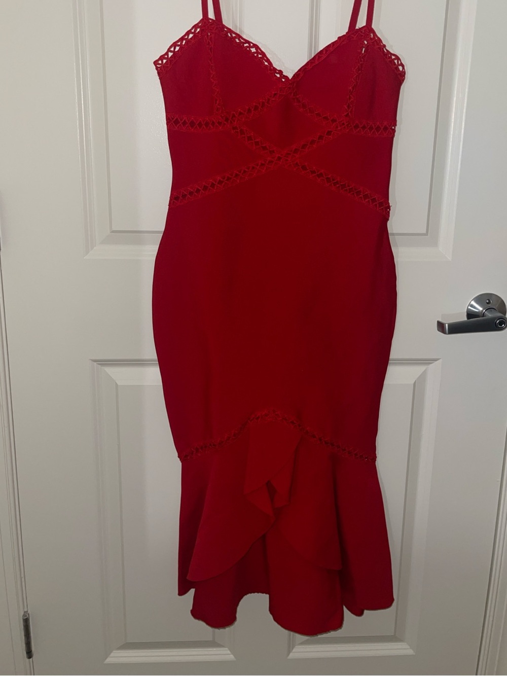Fashion Nova Red Crochet-Trim Ruffle Midi Dress